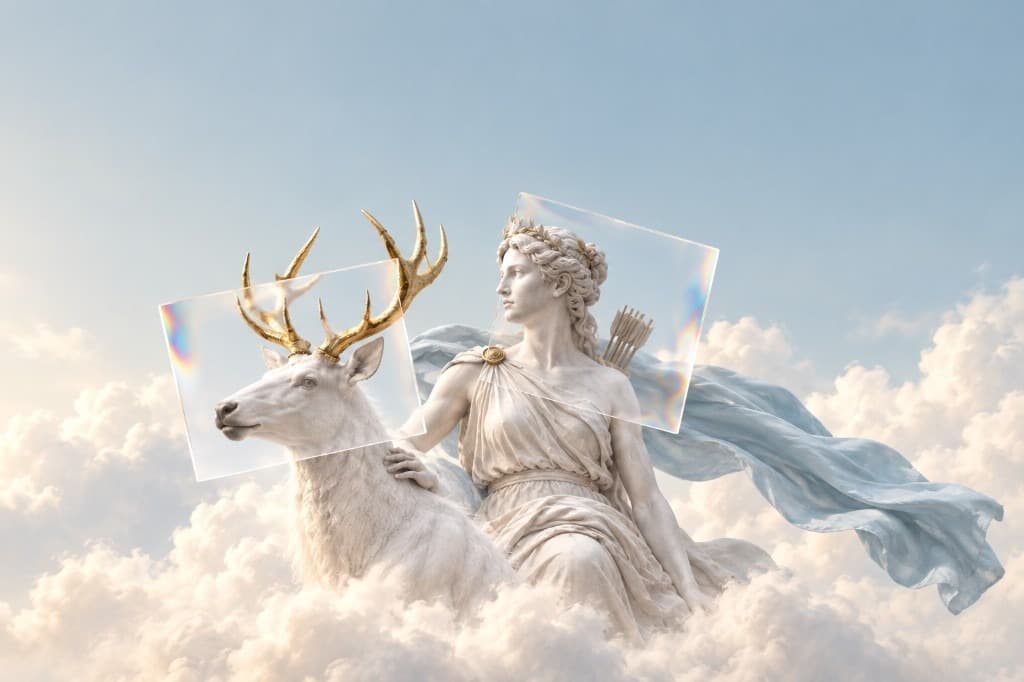 Artemis aus Marmor mit weißem Hirsch und goldenem Geweih in den Wolken. KI-generiertes Bild.