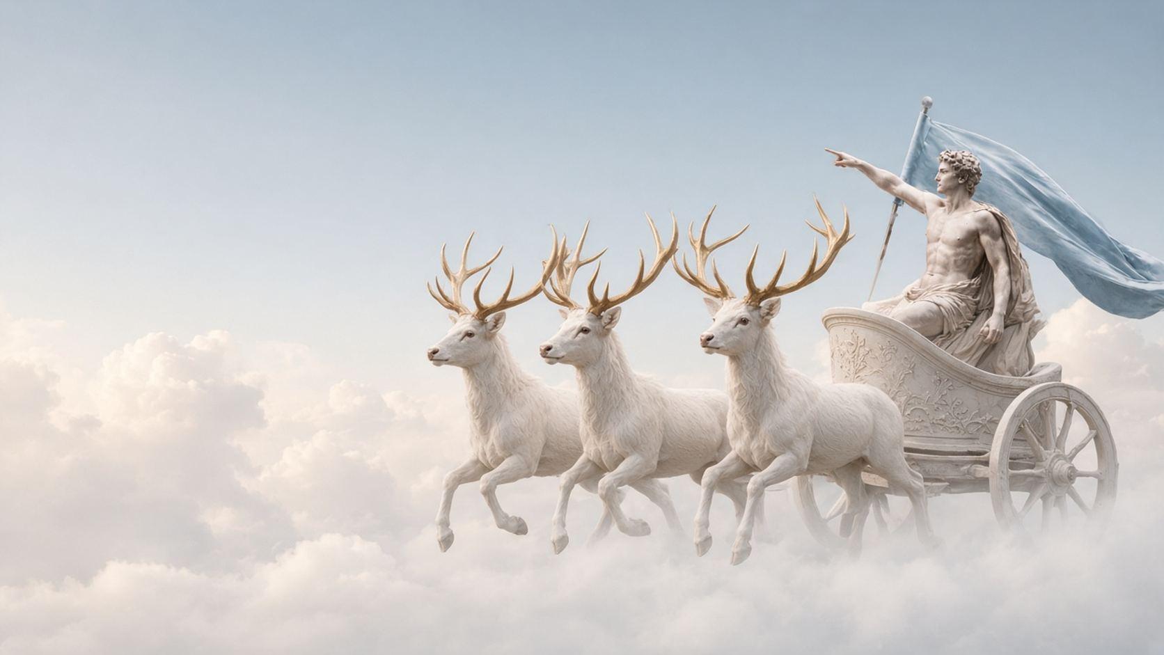 Marmorfigur im Wagen mit drei weißen Hirschen und goldenem Geweih in den Wolken. KI-generiertes Bild.