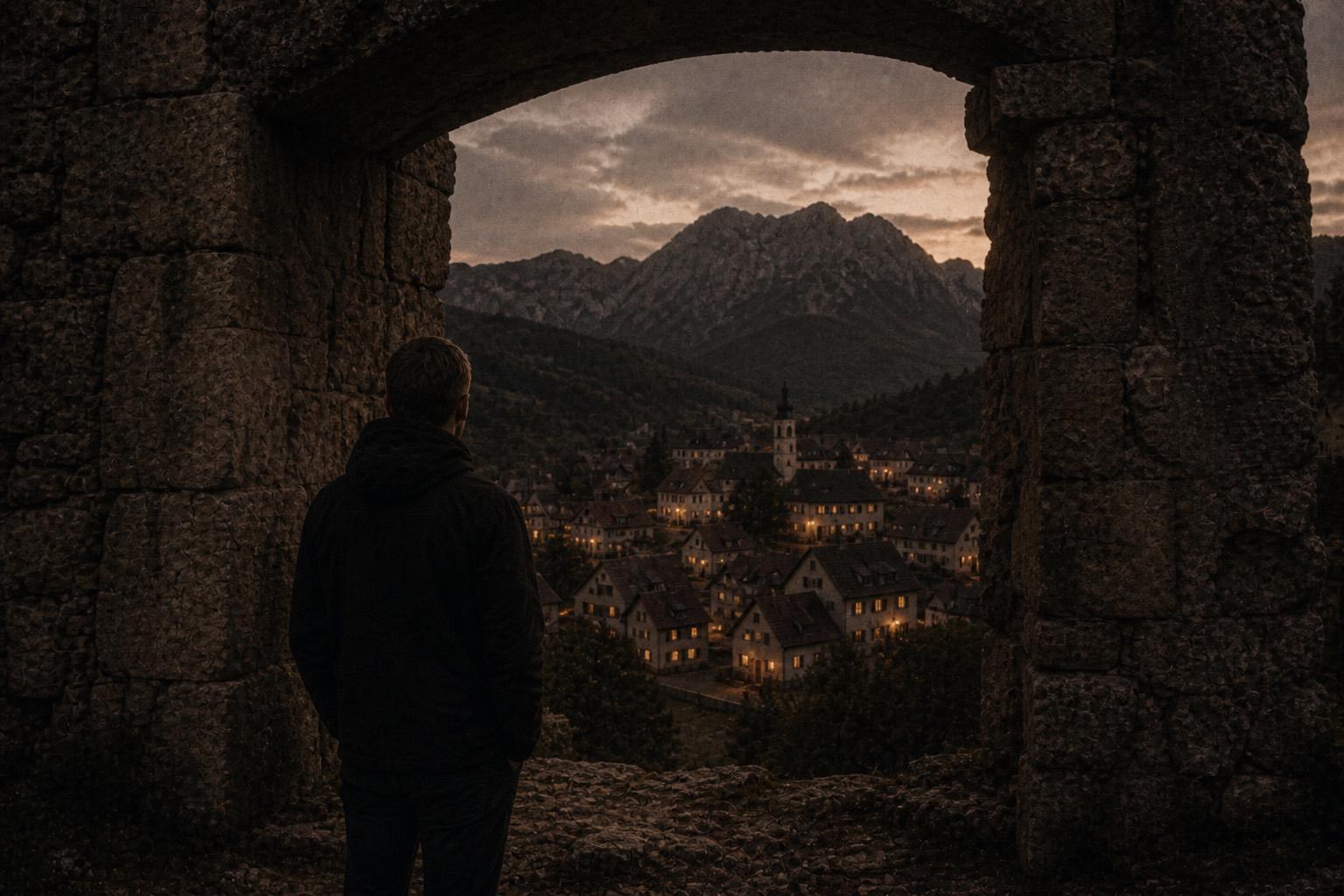 Blick über eine kleine Stadt in der Dämmerung, der Ort, in dem Aufträge entstehen. KI-generiertes Bild.