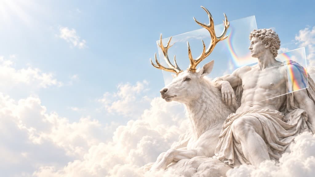 Marmorfigur mit weißem Hirsch in den Wolken, linker Bildrand frei für Text. KI-generiertes Bild.